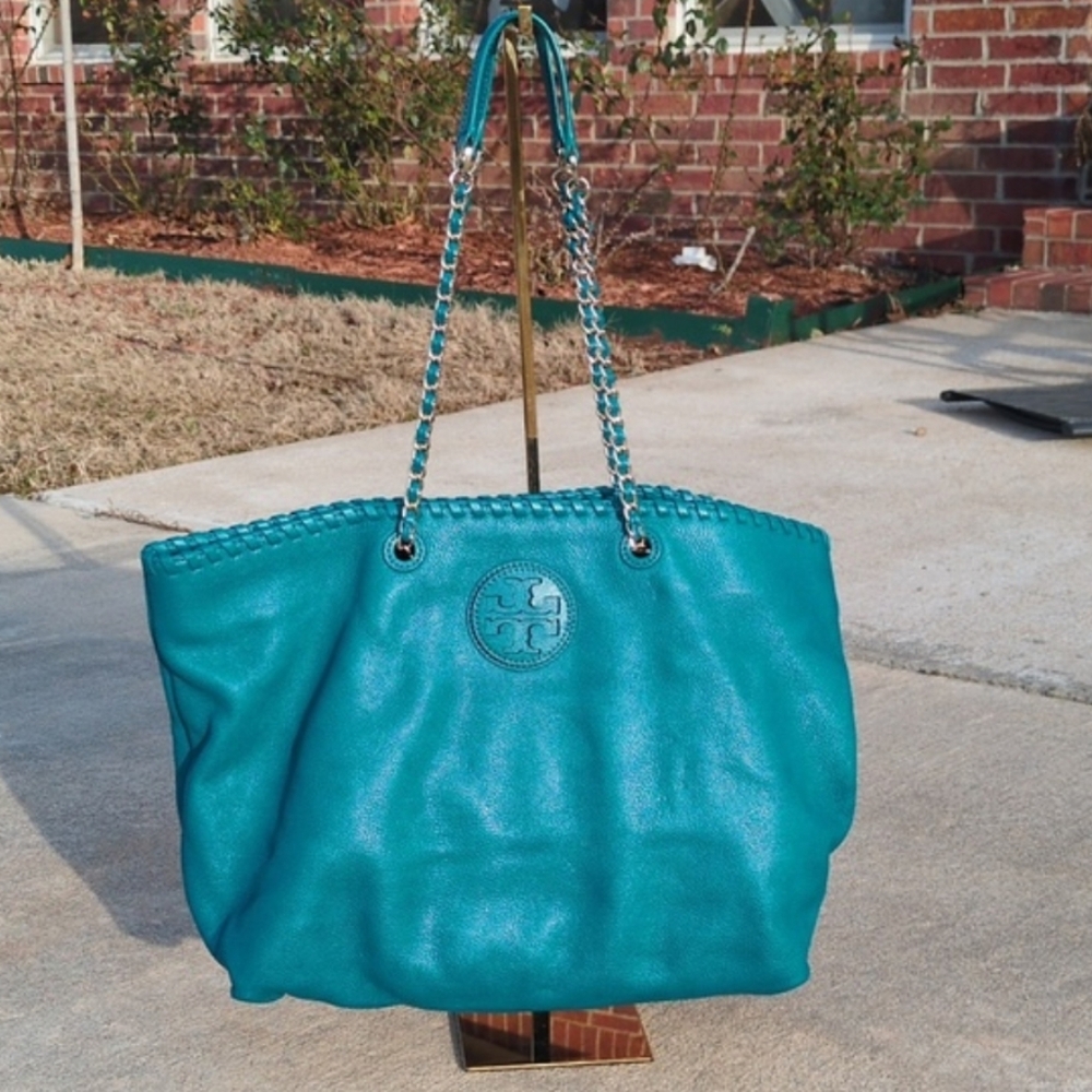 Tory Burch EUC Teal Blue Turquoise Marion Tote Slouchy Chain Handles Dustbag